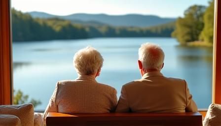 Älteres Paar geniesst den Ausblick auf einen See, als Symbol für einen sorgenfreien Ruhestand.